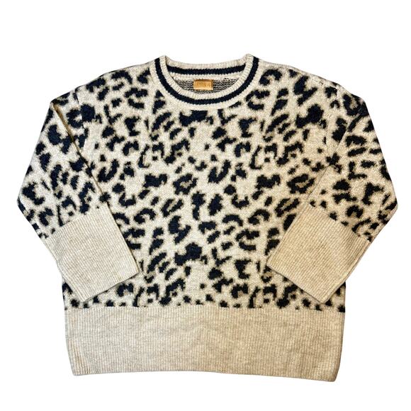 Pol Sweater Medium Tan Black Leopard Print Oversized Chunky - Picture 1 of 6